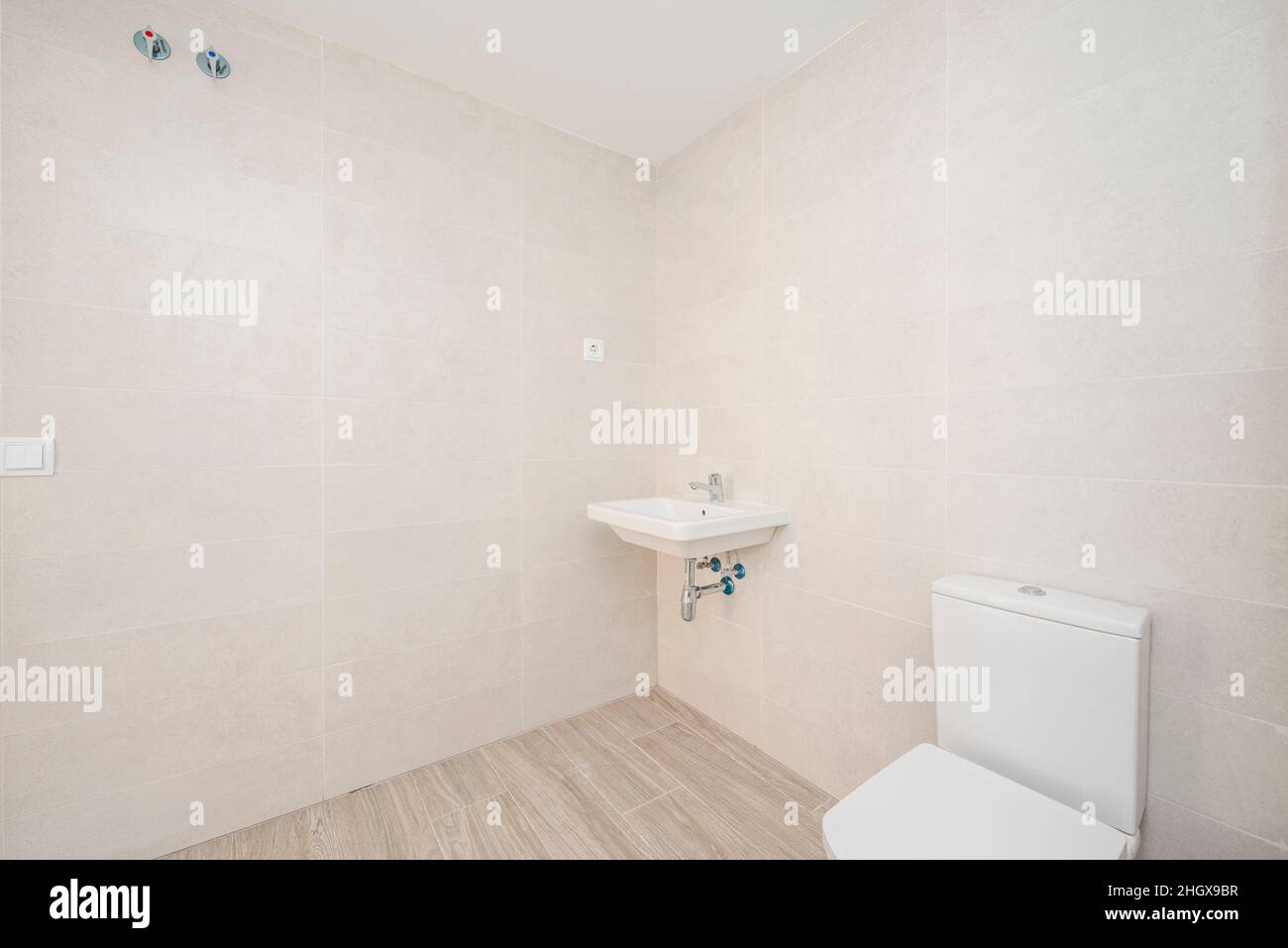 Unfurnished toilet with basic sink and shower without screen Stock Photo