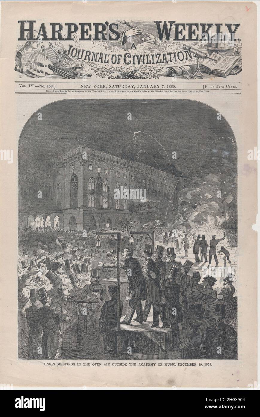 Union Meetings in the Open Air Outside the Academy of Music, December 19, 1859 (from 'Harper's Weekly,' Vol. III) January 7, 1860 Formerly said to be after Winslow Homer American. Union Meetings in the Open Air Outside the Academy of Music, December 19, 1859 (from 'Harper's Weekly,' Vol. III). January 7, 1860. Wood engraving. Harper's Weekly (American, 1857–1916). Prints Stock Photo
