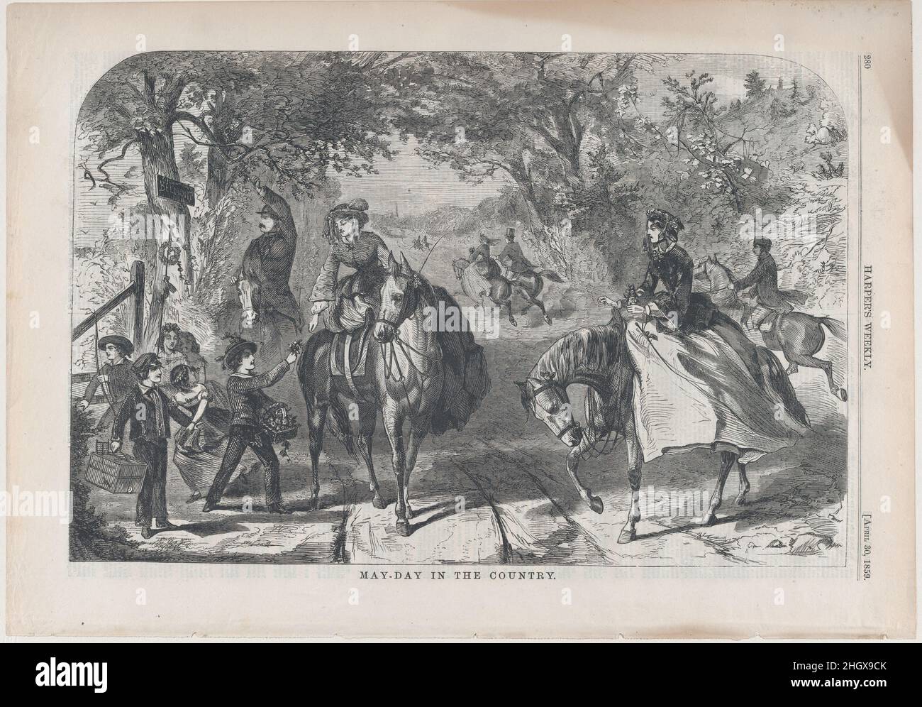 May-Day in the Country (from 'Harper's Weekly,' Vol. III) April 30, 1859 After Winslow Homer American. May-Day in the Country (from 'Harper's Weekly,' Vol. III). After Winslow Homer (American, Boston, Massachusetts 1836–1910 Prouts Neck, Maine). April 30, 1859. Wood engraving. Harper's Weekly (American, 1857–1916). Prints Stock Photo