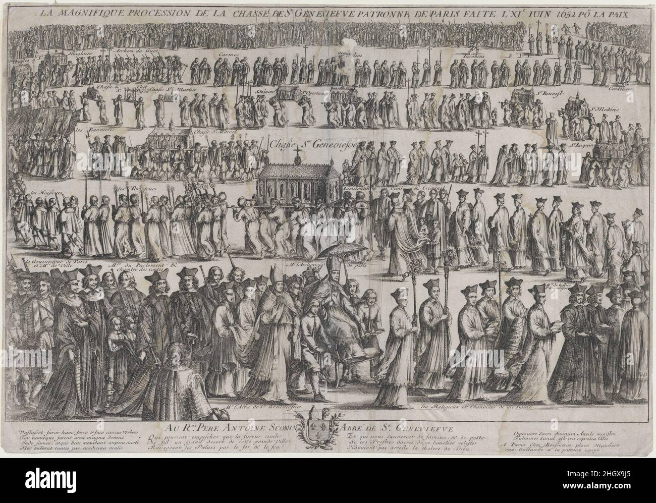 The procession of the casket of St. Genevieve, with clerics and laymen marching in six rows; in the foreground the Archbishop of Paris is carried in a chair, the Chasse in the row above him, and the monks of the monasteries of Paris lead the procession at top 1652 Nicolas Cochin. The procession of the casket of St. Genevieve, with clerics and laymen marching in six rows; in the foreground the Archbishop of Paris is carried in a chair, the Chasse in the row above him, and the monks of the monasteries of Paris lead the procession at top. Nicolas Cochin (French, Troyes 1610–1686 Paris). 1652. Etc Stock Photo