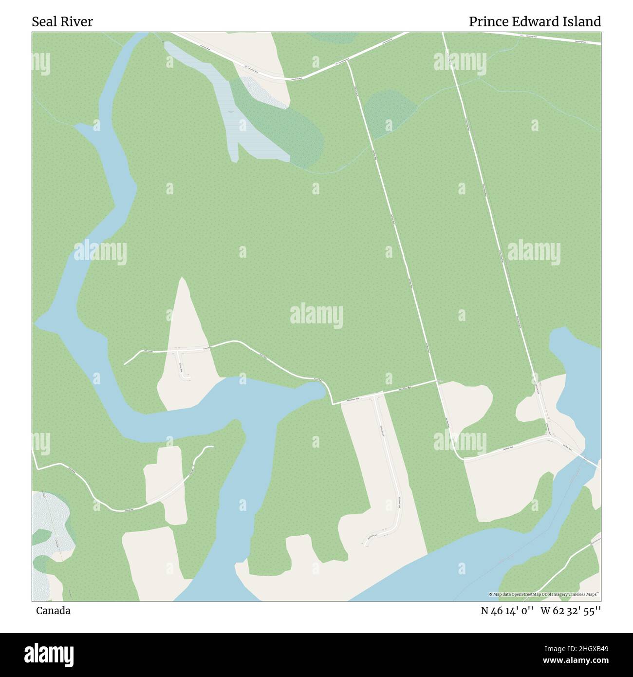 Seal River, Canada, Prince Edward Island, N 46 14' 0'', W 62 32' 55'', map, Timeless Map published in 2021. Travelers, explorers and adventurers like Florence Nightingale, David Livingstone, Ernest Shackleton, Lewis and Clark and Sherlock Holmes relied on maps to plan travels to the world's most remote corners, Timeless Maps is mapping most locations on the globe, showing the achievement of great dreams Stock Photo