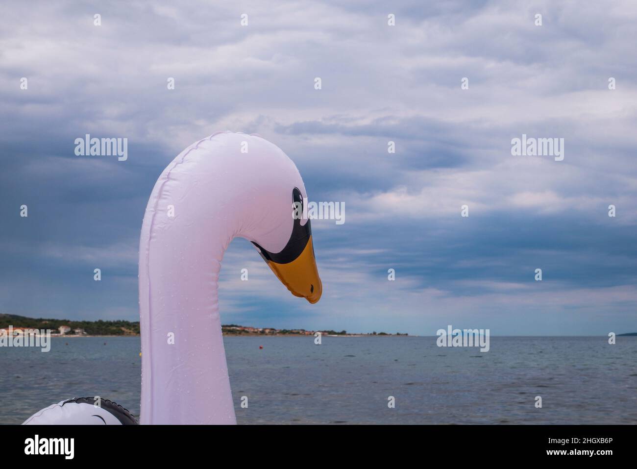 View of a white inflated swan on the sea. Cloudy sky. The concept of tourism, travel, vacations Stock Photo