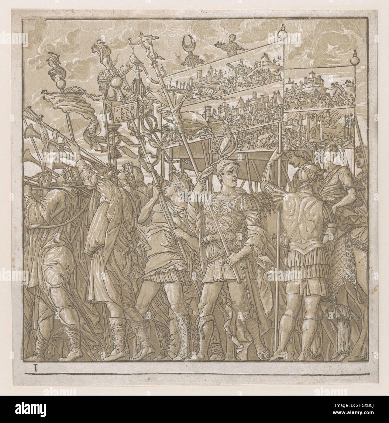 Sheet 1: Soldiers carrying banners depicting Julius Caesar's triumphant military exploits, from The Triumph of Julius Caesar 1599 Andrea Andreani Italian. Sheet 1: Soldiers carrying banners depicting Julius Caesar's triumphant military exploits, from The Triumph of Julius Caesar. Andrea Andreani (Italian, Mantua 1558/1559–1629). 1599. Chiaroscuro woodcut from two blocks in light brown ink. Prints Stock Photo