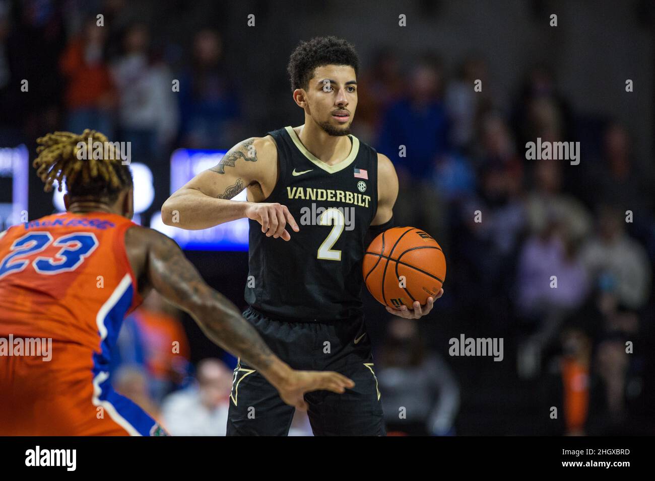 January 22, 2022: Vanderbilt Commodores guard Scotty Pippen Jr. (2) signals to a teammate during the NCAA basketball game between the Vanderbilt Commodores and the Florida Gators at Stephen C. O'Connell Center Gainesville, FL. Florida defeats Vanderbilt 61 to 42. Jonathan Huff/CSM. Stock Photo