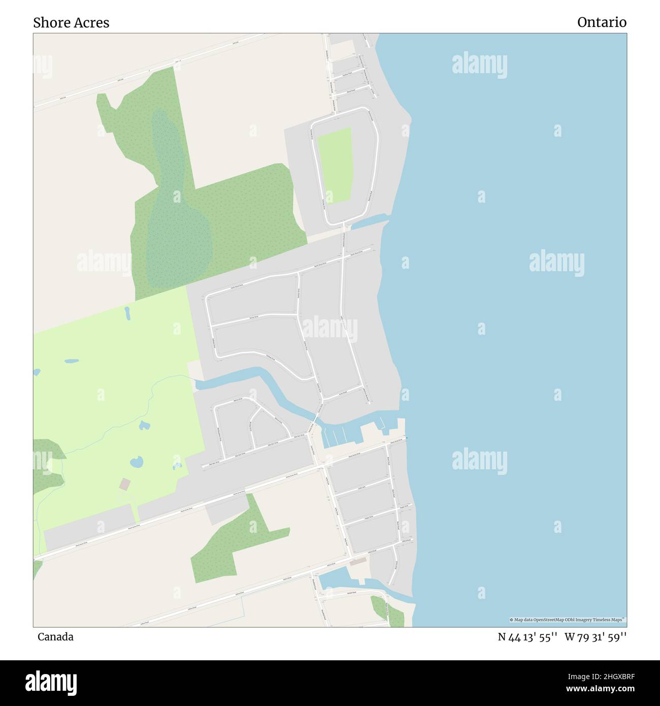 Shore Acres, Canada, Ontario, N 44 13' 55'', W 79 31' 59'', map, Timeless Map published in 2021. Travelers, explorers and adventurers like Florence Nightingale, David Livingstone, Ernest Shackleton, Lewis and Clark and Sherlock Holmes relied on maps to plan travels to the world's most remote corners, Timeless Maps is mapping most locations on the globe, showing the achievement of great dreams Stock Photo