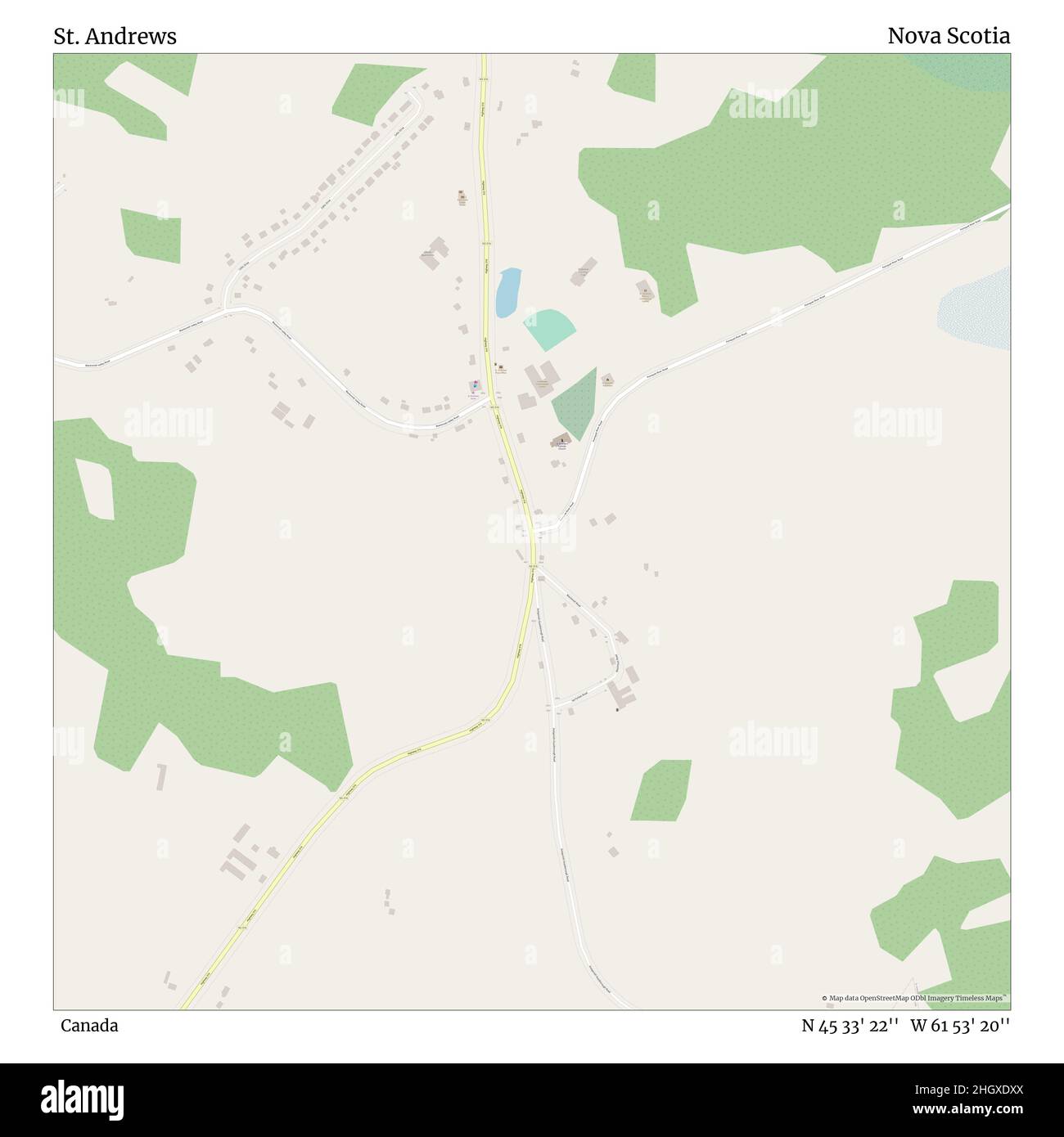 St. Andrews, Canada, Nova Scotia, N 45 33' 22'', W 61 53' 20'', map, Timeless Map published in 2021. Travelers, explorers and adventurers like Florence Nightingale, David Livingstone, Ernest Shackleton, Lewis and Clark and Sherlock Holmes relied on maps to plan travels to the world's most remote corners, Timeless Maps is mapping most locations on the globe, showing the achievement of great dreams Stock Photo