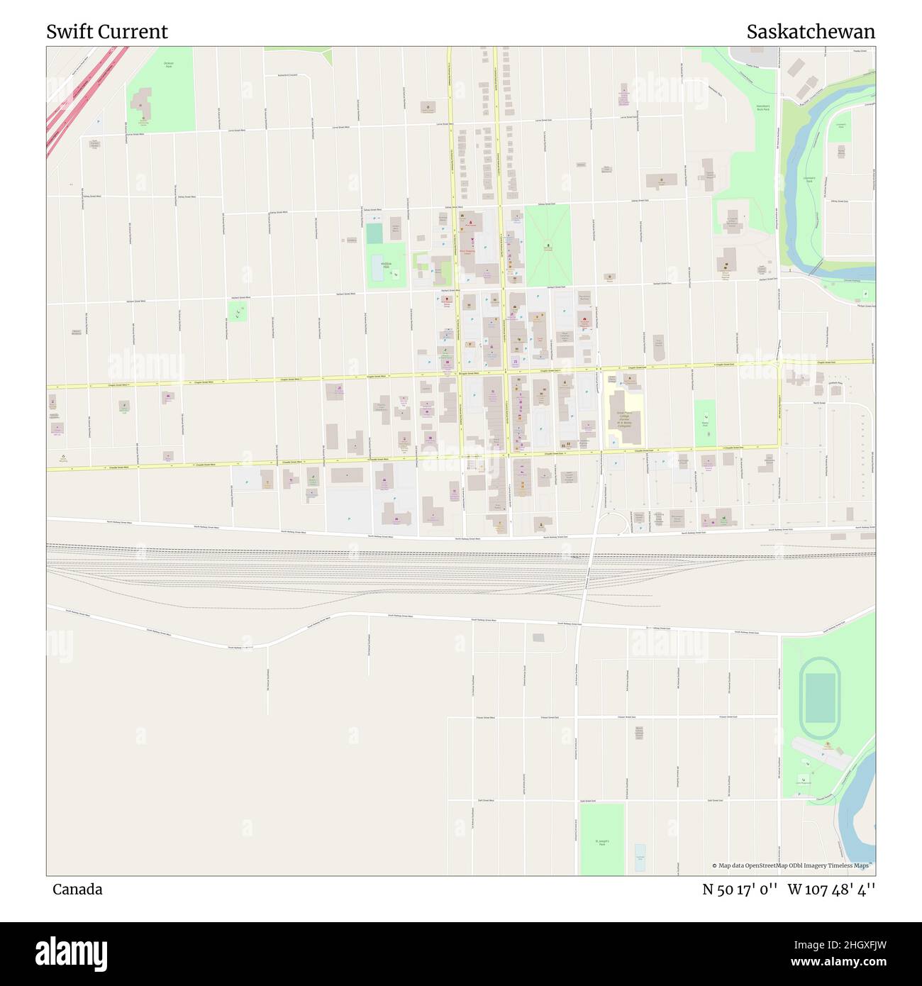 Swift Current, Canada, Saskatchewan, N 50 17' 0'', W 107 48' 4'', map, Timeless Map published in 2021. Travelers, explorers and adventurers like Florence Nightingale, David Livingstone, Ernest Shackleton, Lewis and Clark and Sherlock Holmes relied on maps to plan travels to the world's most remote corners, Timeless Maps is mapping most locations on the globe, showing the achievement of great dreams Stock Photo