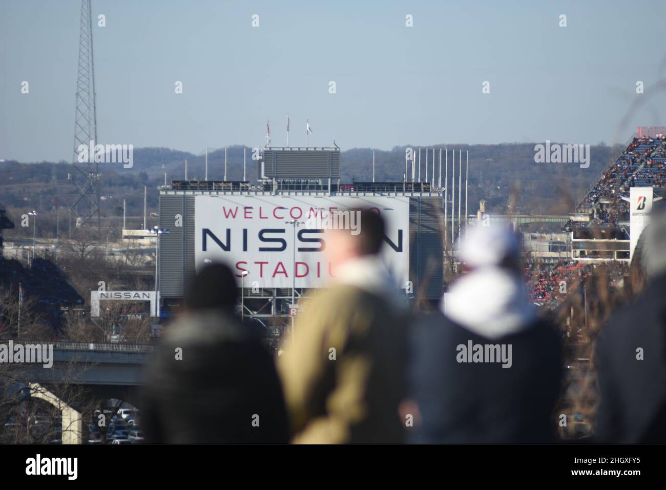 (Nashville TN, USA) January 22, 2022- Spectators gather outside of Nissan Stadium to watch the fireworks before kickoff. The Tennessee Titans take on the Cincinnati Bengals.(Camden Hall/Alamy Live News) Stock Photo