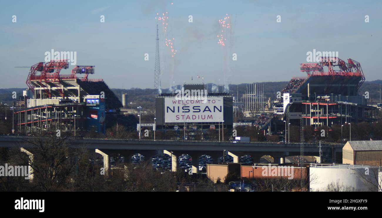 (Nashville, TN USA) January 22, 2022- Fireworks rocket into the sky at Nissan Stadium for kickoff. The Tennessee Titans take on the Cincinnati Bengals. (Camden Hall/Alamy Live News) Stock Photo