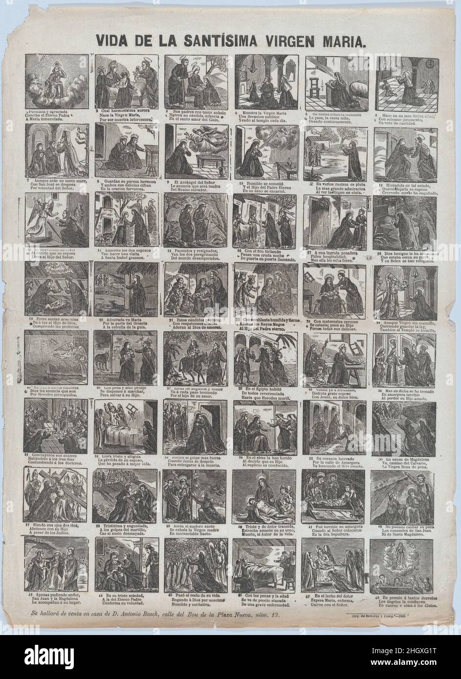 Broadside with 48 scenes of the life of the Virgin 1868 José Noguera. Broadside with 48 scenes of the life of the Virgin. José Noguera (Spanish, 19th century). 1868. Wood engraving. Antonio Bosch (Spanish, active Barcelona, ca. 1860–1880). Prints Stock Photo