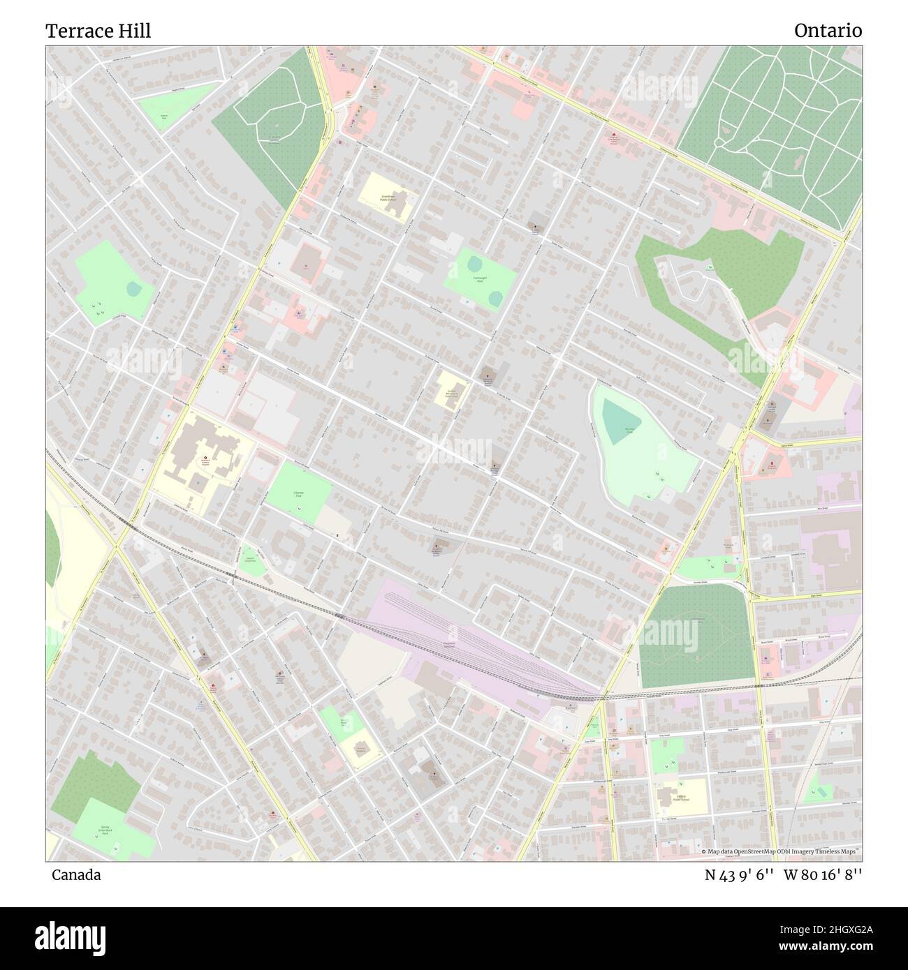 Terrace Hill, Canada, Ontario, N 43 9' 6'', W 80 16' 8'', map, Timeless Map published in 2021. Travelers, explorers and adventurers like Florence Nightingale, David Livingstone, Ernest Shackleton, Lewis and Clark and Sherlock Holmes relied on maps to plan travels to the world's most remote corners, Timeless Maps is mapping most locations on the globe, showing the achievement of great dreams Stock Photo
