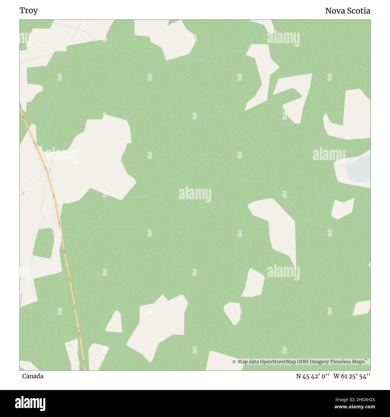 Troy, Canada, Nova Scotia, N 45 42' 0'', W 61 25' 54'', map, Timeless Map published in 2021. Travelers, explorers and adventurers like Florence Nightingale, David Livingstone, Ernest Shackleton, Lewis and Clark and Sherlock Holmes relied on maps to plan travels to the world's most remote corners, Timeless Maps is mapping most locations on the globe, showing the achievement of great dreams Stock Photo