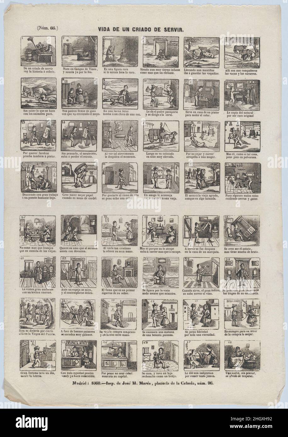 Broadside with 48 scenes from the life of a male servant 1860 José