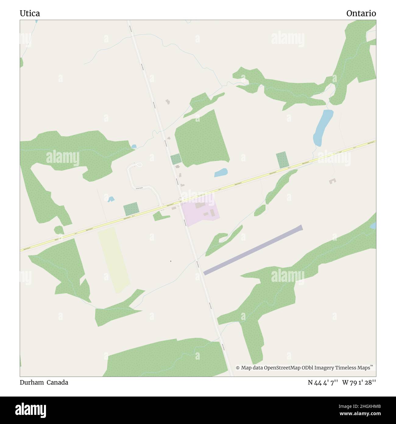 Utica, Durham, Canada, Ontario, N 44 4' 7'', W 79 1' 28'', map, Timeless Map published in 2021. Travelers, explorers and adventurers like Florence Nightingale, David Livingstone, Ernest Shackleton, Lewis and Clark and Sherlock Holmes relied on maps to plan travels to the world's most remote corners, Timeless Maps is mapping most locations on the globe, showing the achievement of great dreams Stock Photo