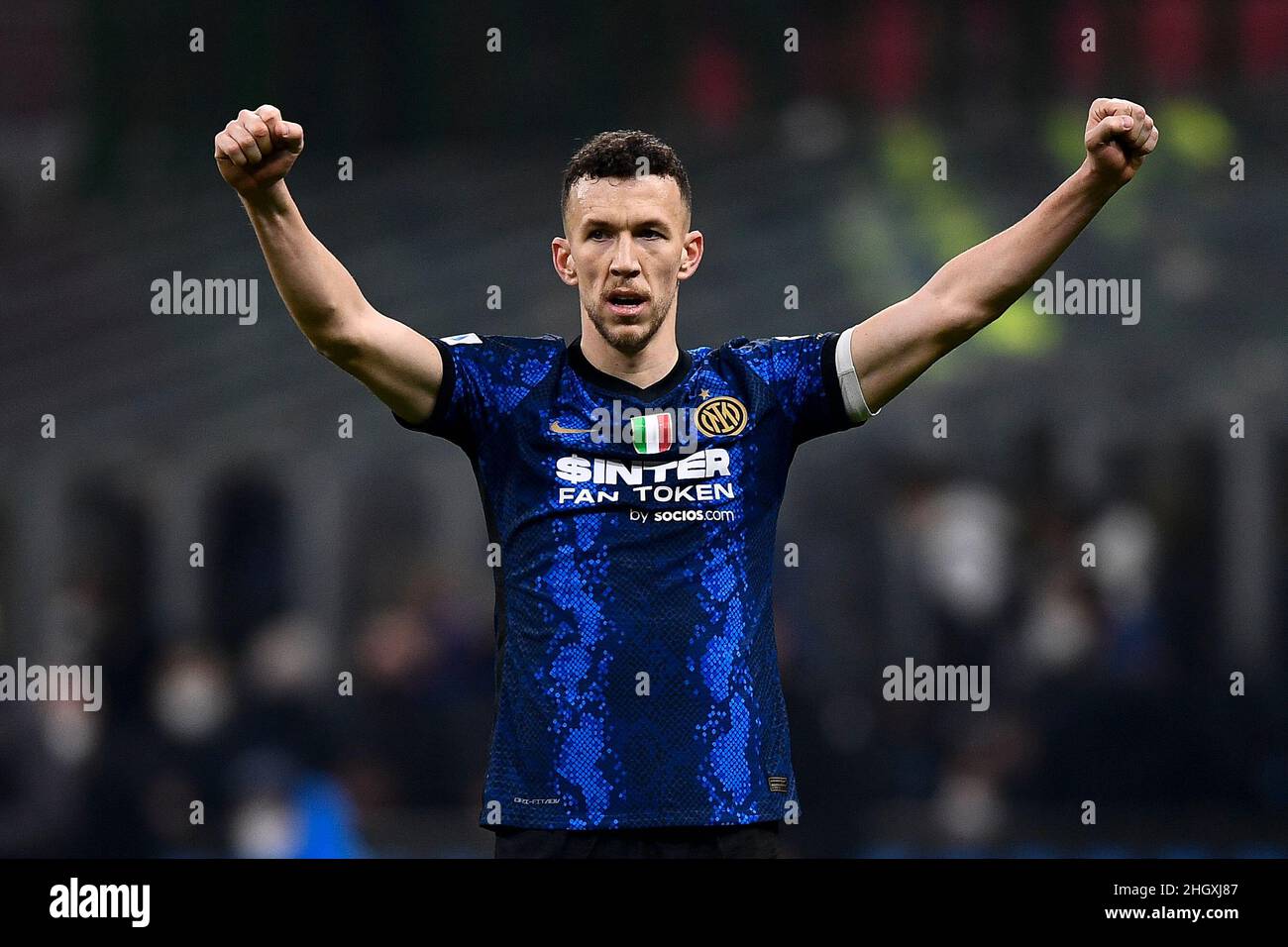 Milan, Italy. 22 January 2022. Ivan Perisic of FC Internazionale celebrates the victory at the end of the Serie A football match between FC Internazionale and Venezia FC. Credit: Nicolò Campo/Alamy Live News Stock Photo
