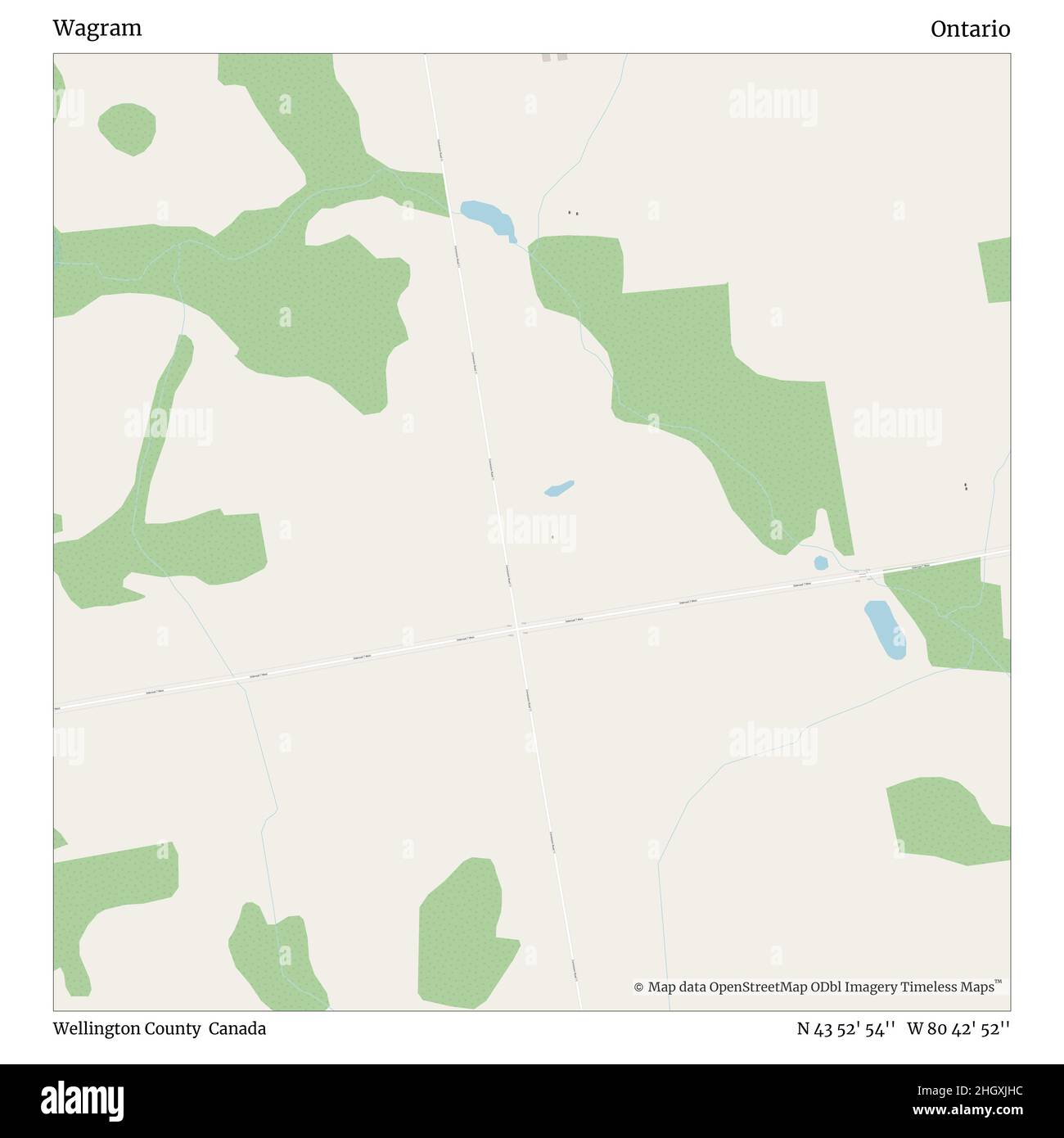 Wagram, Wellington County, Canada, Ontario, N 43 52' 54'', W 80 42' 52'', map, Timeless Map published in 2021. Travelers, explorers and adventurers like Florence Nightingale, David Livingstone, Ernest Shackleton, Lewis and Clark and Sherlock Holmes relied on maps to plan travels to the world's most remote corners, Timeless Maps is mapping most locations on the globe, showing the achievement of great dreams Stock Photo