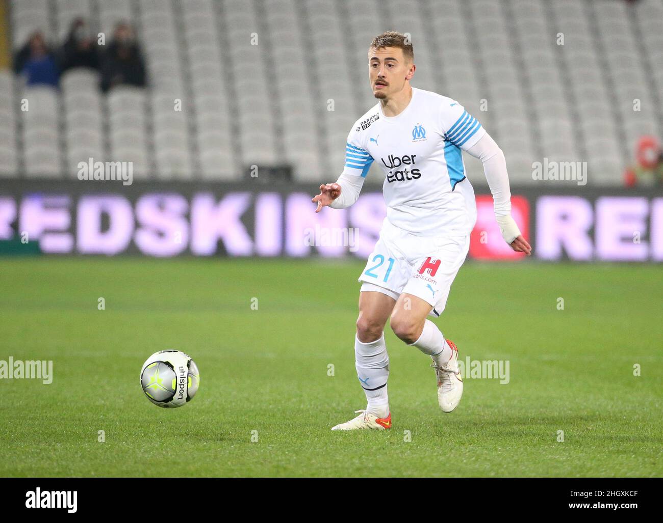 Valentin Rongier of Marseille during the French championship Ligue 1 football match between RC Lens (RCL) and Olympique de Marseille (OM) on January 22, 2022 at Stade Bollaert-Delelis in Lens, France - Photo Jean Catuffe / DPPI Stock Photo