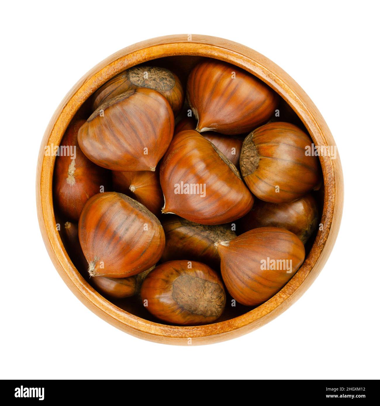 Unshelled chestnuts, in a wooden bowl. Raw nuts of sweet chestnut, Castanea sativa. They can be eaten raw, roasted, candied, cooked or milled. Stock Photo