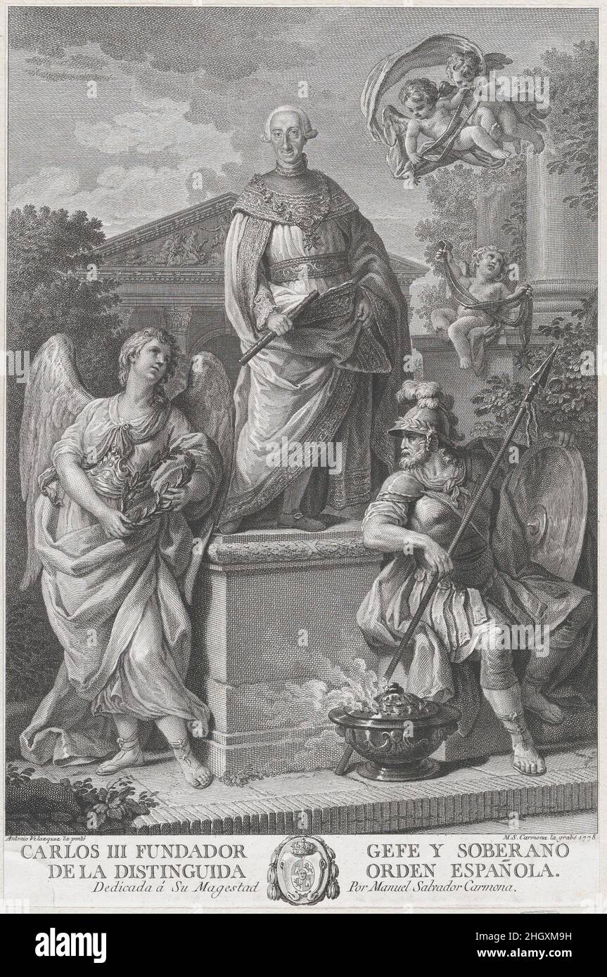 Allegorical portrait of Carlos III standing on a pedestal flanked by figures (War and Peace?) 1778 Manuel Salvador Carmona. Allegorical portrait of Carlos III standing on a pedestal flanked by figures (War and Peace?). Manuel Salvador Carmona (Spanish, 1734–1820). 1778. Engraving. Prints Stock Photo