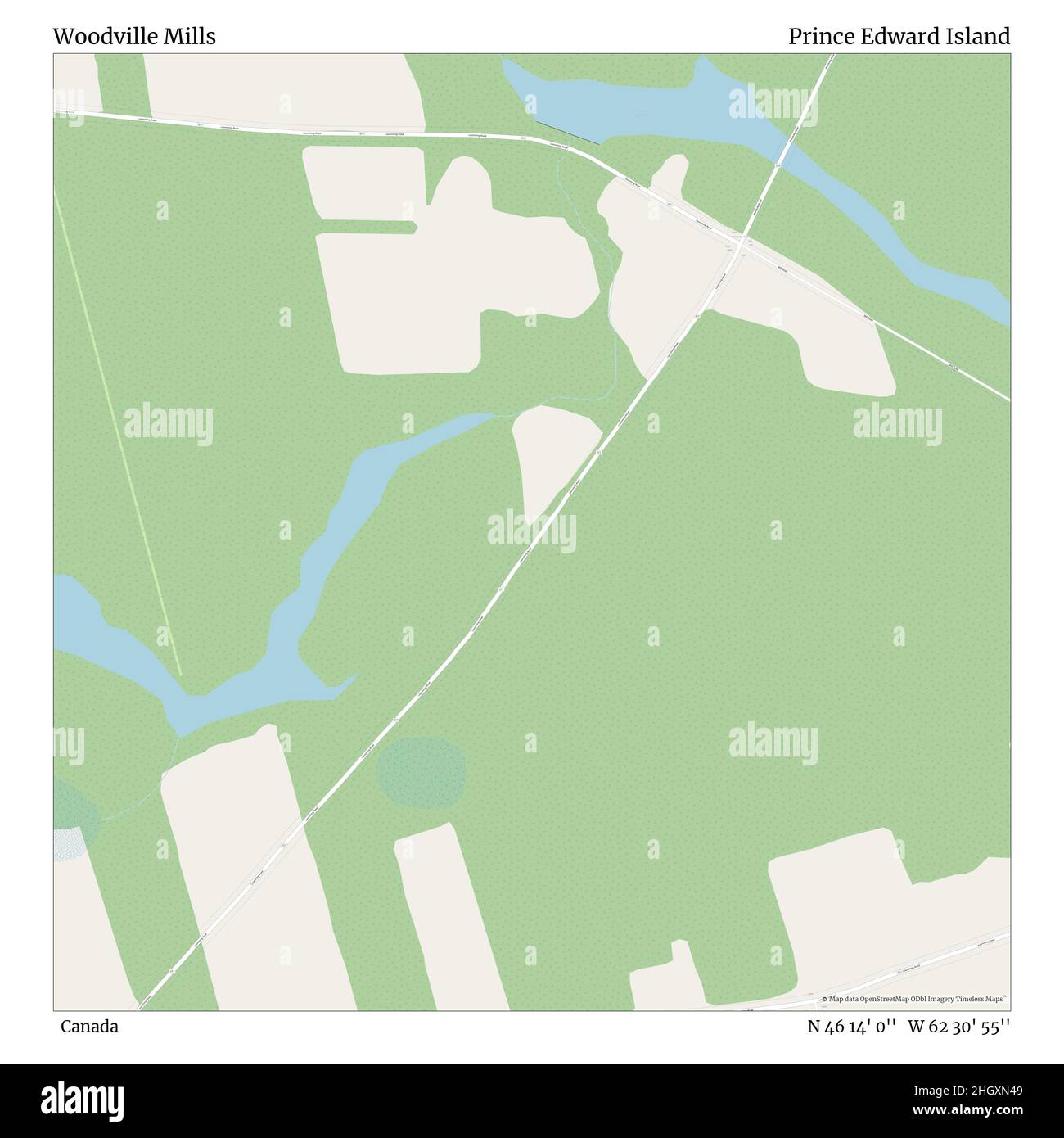 Woodville Mills, Canada, Prince Edward Island, N 46 14' 0'', W 62 30' 55'', map, Timeless Map published in 2021. Travelers, explorers and adventurers like Florence Nightingale, David Livingstone, Ernest Shackleton, Lewis and Clark and Sherlock Holmes relied on maps to plan travels to the world's most remote corners, Timeless Maps is mapping most locations on the globe, showing the achievement of great dreams Stock Photo