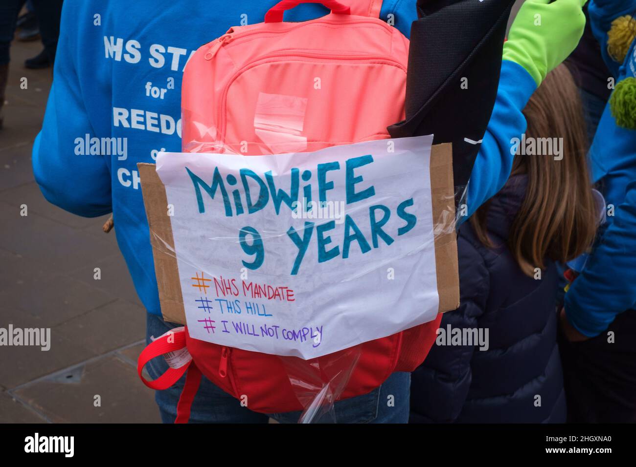 A protest demonstration and march for NHS staff protesting against vaccine mandates or vaccine passports in Oxford, UK Stock Photo