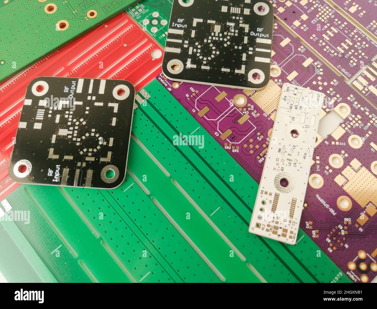 Various multicolor electronics printed circuit board for radio frequency projects Stock Photo