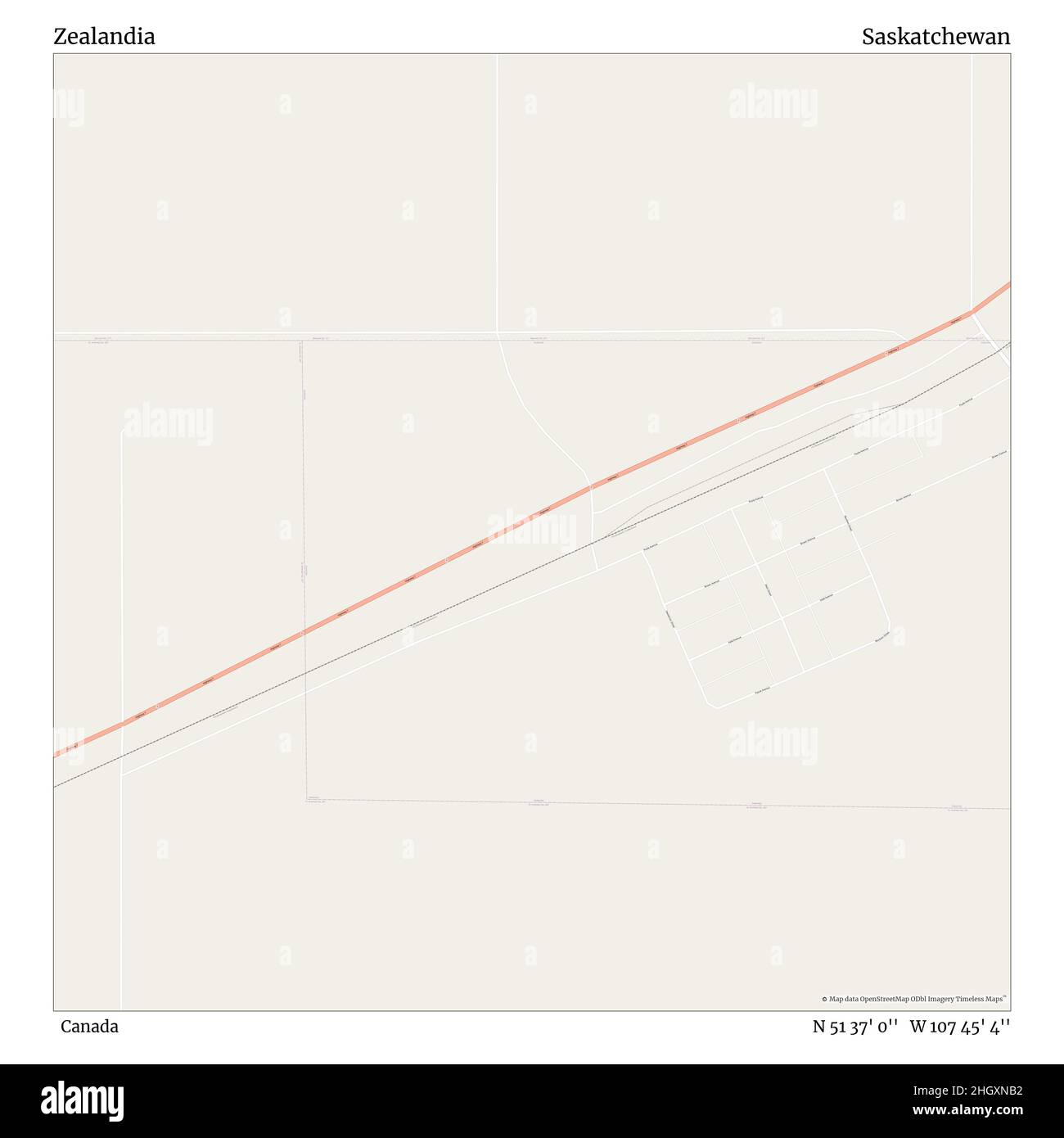 Zealandia, Canada, Saskatchewan, N 51 37' 0'', W 107 45' 4'', map, Timeless Map published in 2021. Travelers, explorers and adventurers like Florence Nightingale, David Livingstone, Ernest Shackleton, Lewis and Clark and Sherlock Holmes relied on maps to plan travels to the world's most remote corners, Timeless Maps is mapping most locations on the globe, showing the achievement of great dreams Stock Photo