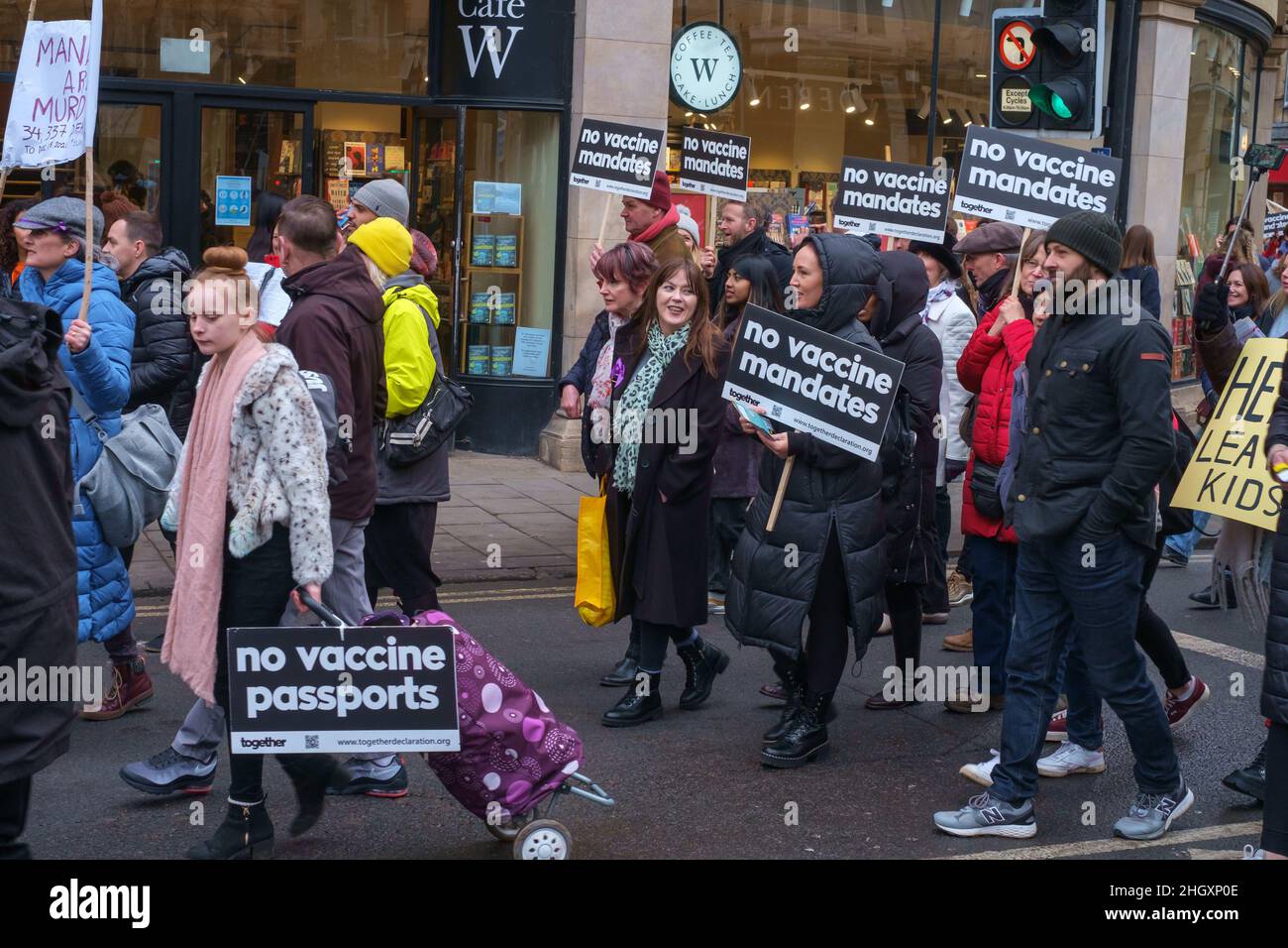 A protest demonstration and march for NHS staff protesting against vaccine mandates or vaccine passports in Oxford, UK Stock Photo
