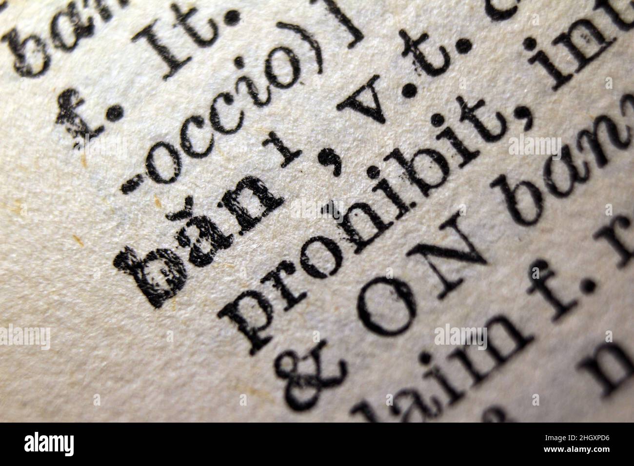 Word 'ban' printed on dictionary page, macro close-up Stock Photo