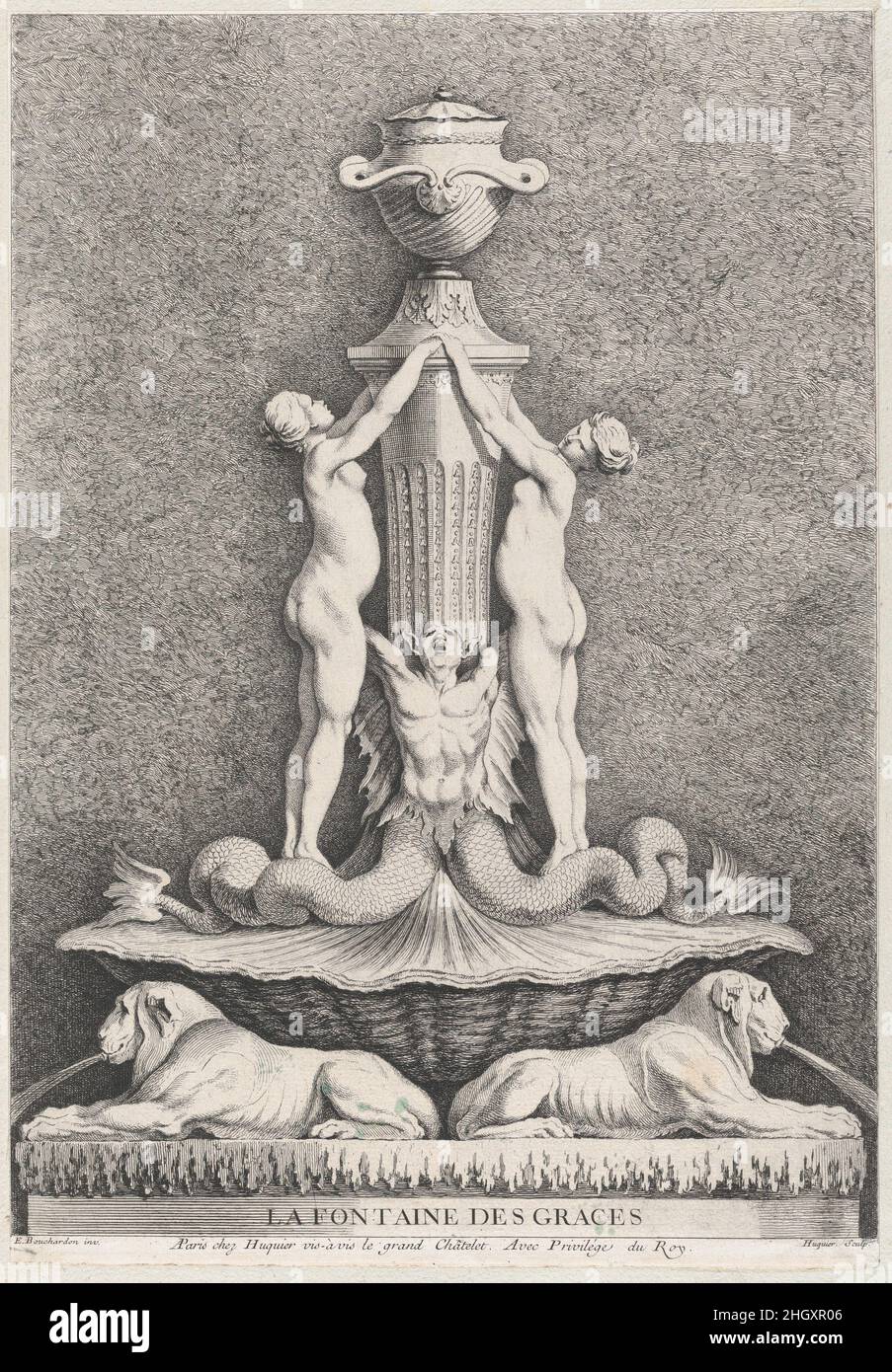 The Fountain of the Graces 1737 Gabriel Huquier. The Fountain of the Graces. after Edme Bouchardon (French, Chaumont 1698–1762 Paris). 1737. Etching. Prints Stock Photo