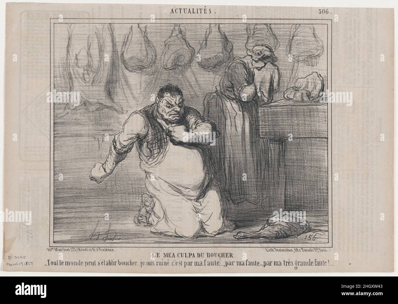 Le mea culpa du boucher, from Actualités, published in Le Charivari, March 19, 1858 March 19, 1858 Honoré Daumier French. Le mea culpa du boucher, from Actualités, published in Le Charivari, March 19, 1858. Actualités. Honoré Daumier (French, Marseilles 1808–1879 Valmondois). March 19, 1858. Lithograph on newsprint; second state of two (Delteil). Aaron Martinet (French, 1762–1841). Prints Stock Photo