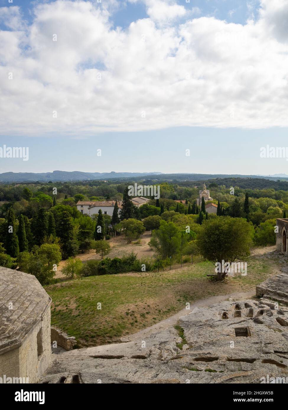 View from the Pons de l'Orme tower, Montmajour Abbey, Arles Stock Photo