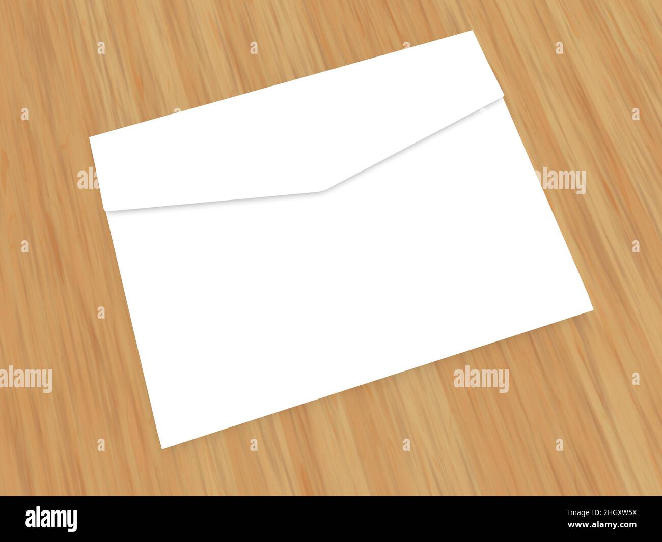 White paper envelope for letters on a wooden table. 3d render illustration. Stock Photo