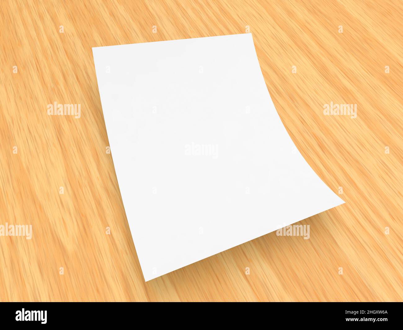 Curved sheet of A4 paper on a wooden table. 3d render illustration. Stock Photo