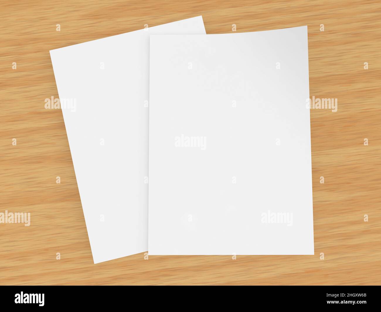 Two sheets of white A4 paper on a wooden table. 3d render illustration. Stock Photo