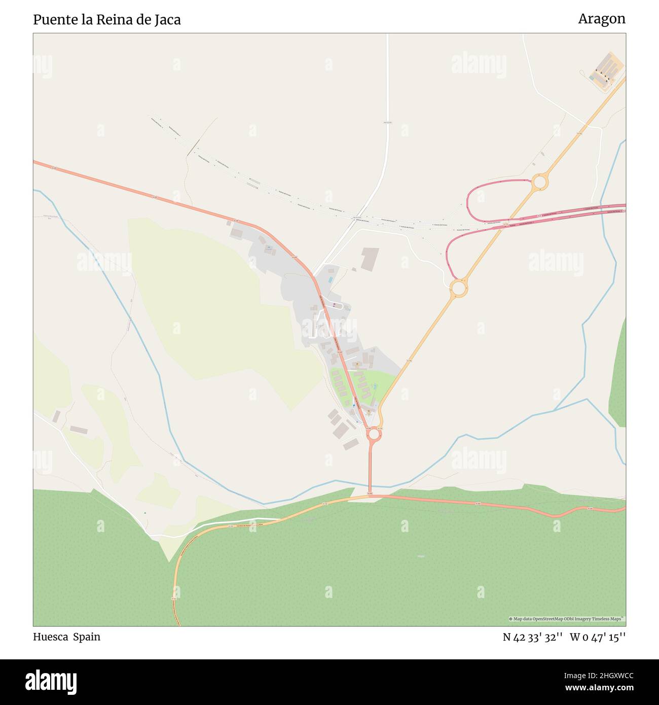 Puente la Reina de Jaca, Huesca, Spain, Aragon, N 42 33' 32'', W 0 47' 15'', map, Timeless Map published in 2021. Travelers, explorers and adventurers like Florence Nightingale, David Livingstone, Ernest Shackleton, Lewis and Clark and Sherlock Holmes relied on maps to plan travels to the world's most remote corners, Timeless Maps is mapping most locations on the globe, showing the achievement of great dreams Stock Photo