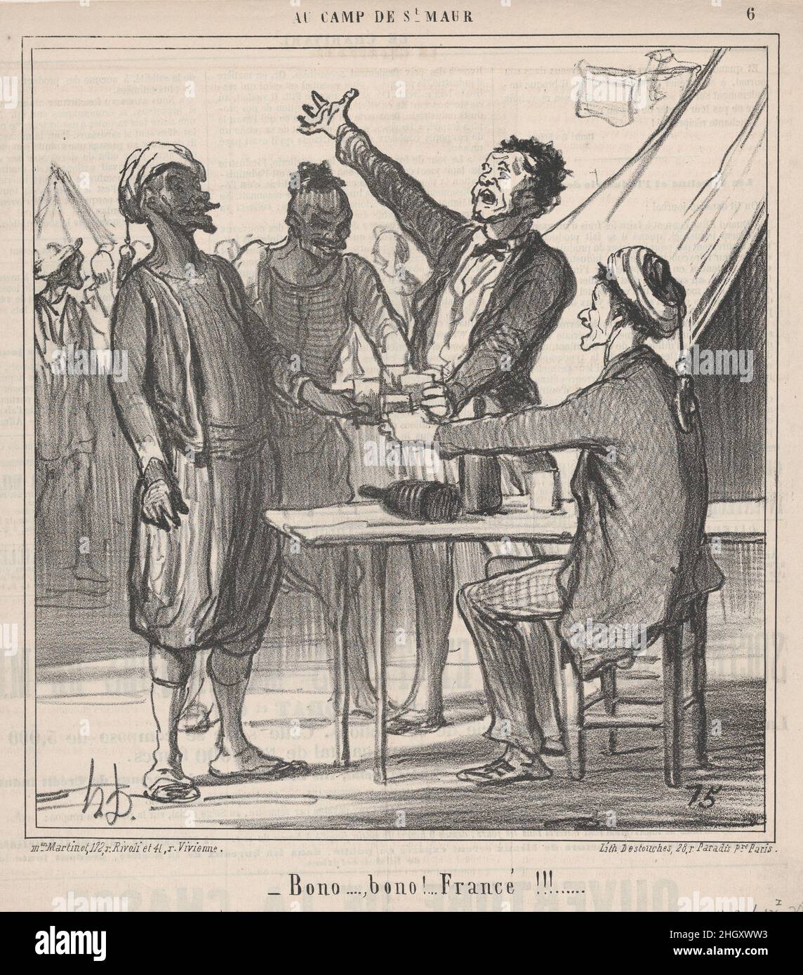 Bono...., bono!....Francé!!!...., from Au Camp de Saint-Maur, published in Le Charivari, August 29, 1859 August 29, 1859 Honoré Daumier. Bono...., bono!....Francé!!!...., from Au Camp de Saint-Maur, published in Le Charivari, August 29, 1859. Au Camp de Saint-Maur. Honoré Daumier (French, Marseilles 1808–1879 Valmondois). August 29, 1859. Lithograph on newsprint; second state of four (Delteil). Aaron Martinet (French, 1762–1841). Prints Stock Photo