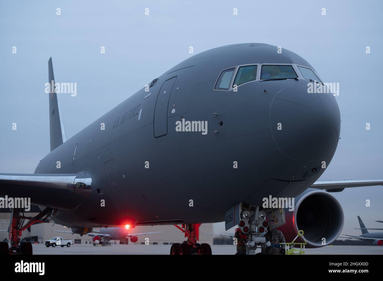A new KC-46A Pegasus arrives at Joint Base McGuire-Dix-Lakehurst, New Jersey, Jan. 21, 2022.  U.S. Air Force Maj. Gen. Thad Bibb Jr., 18th Air Force commander, and Chief Master Sgt. Chad Bickley, 18th Air Force command chief personally delivered the aircraft to the 305th and 514th Air Mobility Wings who operate and maintain the aircraft with installation support from the 87th Air Base Wing. (U.S. Air Force photo by Airman 1st Class Joseph Morales) Stock Photo