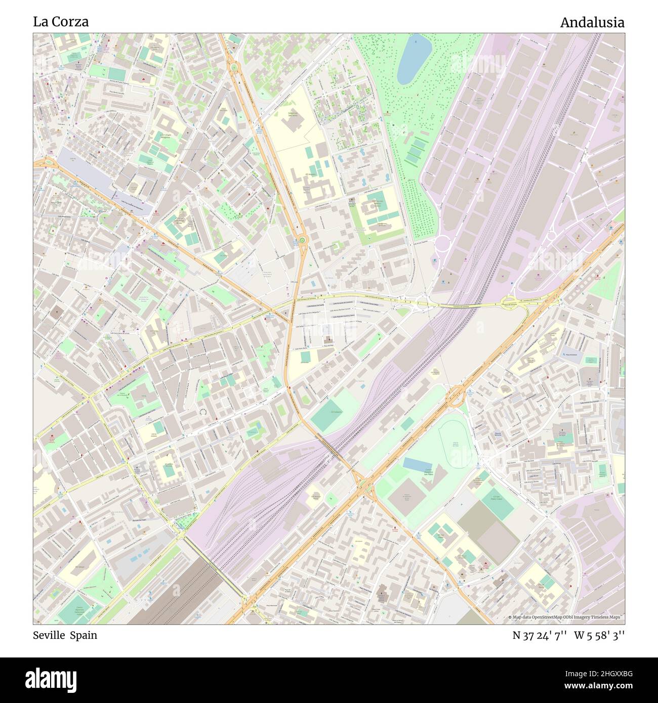 La Corza, Seville, Spain, Andalusia, N 37 24' 7'', W 5 58' 3'', map, Timeless Map published in 2021. Travelers, explorers and adventurers like Florence Nightingale, David Livingstone, Ernest Shackleton, Lewis and Clark and Sherlock Holmes relied on maps to plan travels to the world's most remote corners, Timeless Maps is mapping most locations on the globe, showing the achievement of great dreams Stock Photo