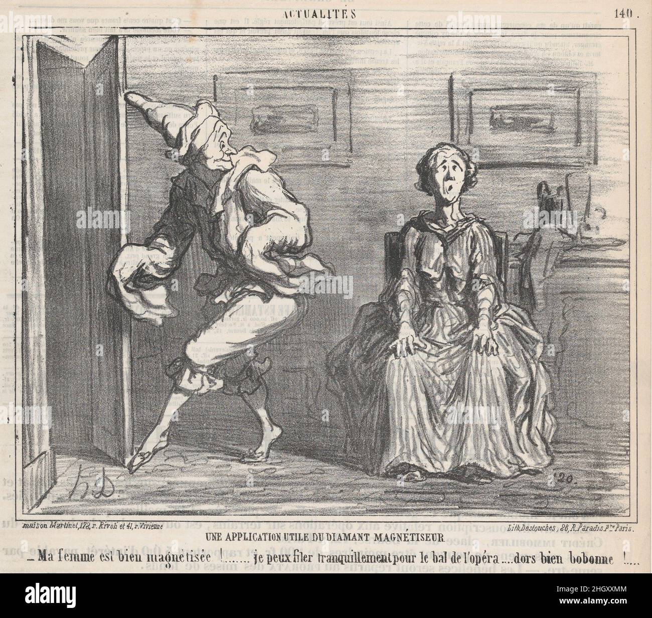 Practical application for a diamond hypnotist, from 'News of the Day,' published in Le Charivari, January 24, 1860 January 24, 1860 Honoré Daumier My wife is hypnotized... now I can quietly leave for the opera ball.... sleep well, my dear!. Practical application for a diamond hypnotist, from 'News of the Day,' published in Le Charivari, January 24, 1860. 'News of the Day' (Actualités). Honoré Daumier (French, Marseilles 1808–1879 Valmondois). January 24, 1860. Lithograph on newsprint; second state of three (Delteil). Aaron Martinet (French, 1762–1841). Prints Stock Photo