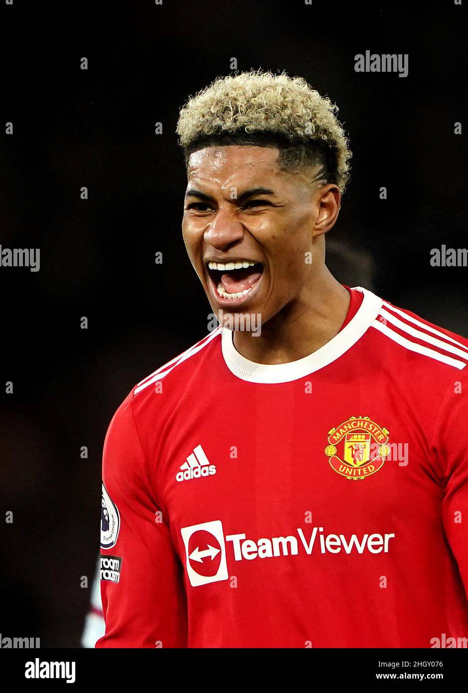 Manchester United's Marcus Rashford celebrates after the Premier League match at Old Trafford, Manchester. Picture date: Saturday January 22, 2022. Stock Photo