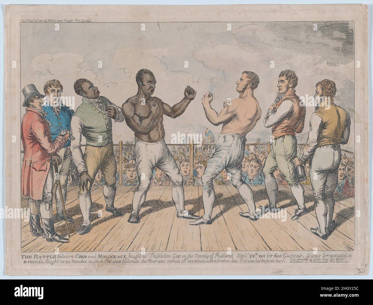 The Battle Between Cribb and Molineaux, September 28, 1811 October 3, 1811 Attributed to George Cruikshank This print represents the start of a famous boxing match between the English champion Thomas Cribb, and his African-American challenger Tom Molineaux, on September 28, 1811 at Thistleton Gap in Rutland. Molineaux had crossed the Atlantic to pursue a boxing career and may formerly have been enslaved. The two men had fought first on December 3, 1810 at Shenington Hollow, Oxfordshire, with Molineaux defeated after 35 rounds in a disputed decision. Their return match, shown here, attracted at Stock Photo