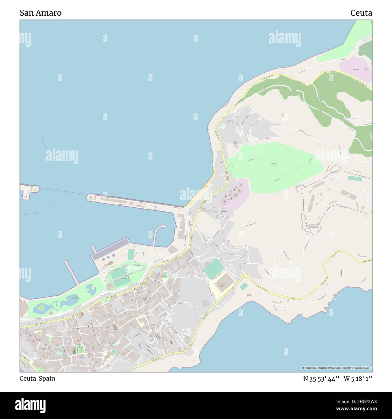 San Amaro, Ceuta, Spain, Ceuta, N 35 53' 44'', W 5 18' 1'', map, Timeless Map published in 2021. Travelers, explorers and adventurers like Florence Nightingale, David Livingstone, Ernest Shackleton, Lewis and Clark and Sherlock Holmes relied on maps to plan travels to the world's most remote corners, Timeless Maps is mapping most locations on the globe, showing the achievement of great dreams Stock Photo