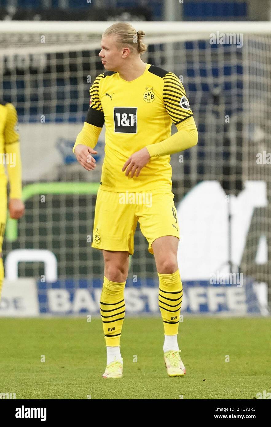 January 22, 2022, PreZero-Arena, Sinsheim, GER, 1.FBL, TSG 1899 Hoffenheim  vs Borussia Dortmund, DFL regulations prohibit any use of photographs as  image sequences and/or quasi-video. in the picture Erling Haaland (Dortmund  Stock