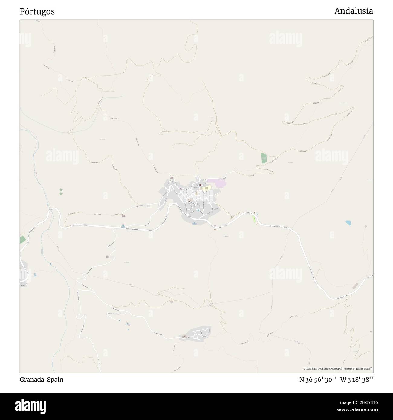 Pórtugos, Granada, Spain, Andalusia, N 36 56' 30'', W 3 18' 38'', map, Timeless Map published in 2021. Travelers, explorers and adventurers like Florence Nightingale, David Livingstone, Ernest Shackleton, Lewis and Clark and Sherlock Holmes relied on maps to plan travels to the world's most remote corners, Timeless Maps is mapping most locations on the globe, showing the achievement of great dreams Stock Photo