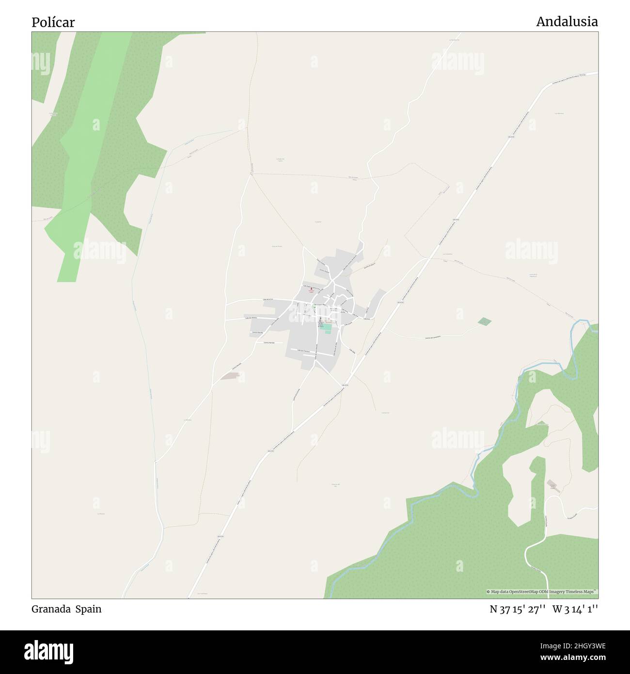 Polícar, Granada, Spain, Andalusia, N 37 15' 27'', W 3 14' 1'', map, Timeless Map published in 2021. Travelers, explorers and adventurers like Florence Nightingale, David Livingstone, Ernest Shackleton, Lewis and Clark and Sherlock Holmes relied on maps to plan travels to the world's most remote corners, Timeless Maps is mapping most locations on the globe, showing the achievement of great dreams Stock Photo