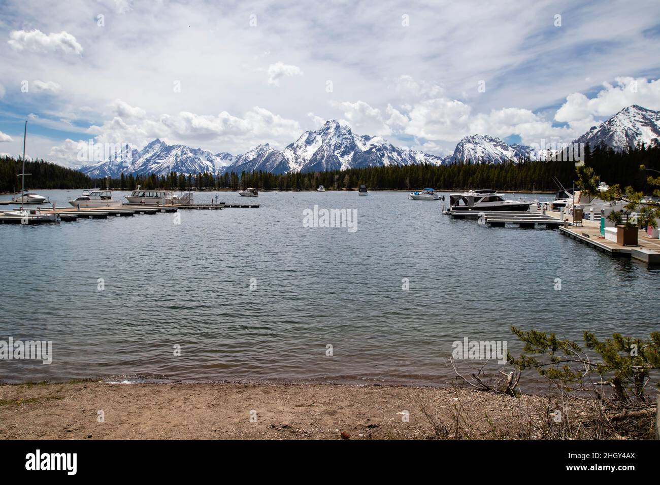 Colter Bay, Leeks Marina, Jackson Lake, Mount Moran, Grand Teton National Park, Alta, Wyoming, USA, horizontal Stock Photo