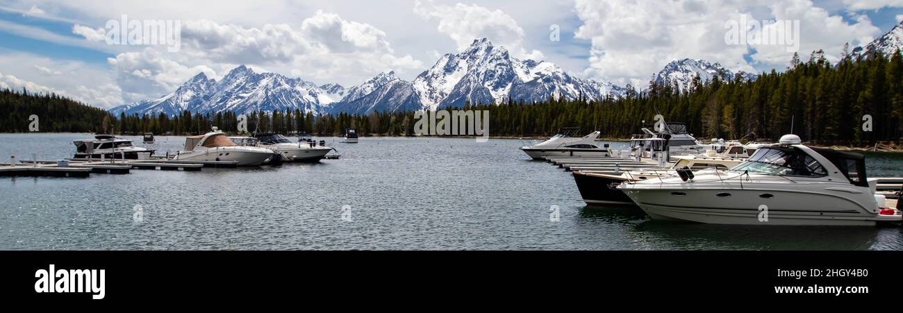 Colter Bay, Leeks Marina, Jackson Lake, Mount Moran, Grand Teton National Park, Alta, Wyoming, USA, panorama Stock Photo