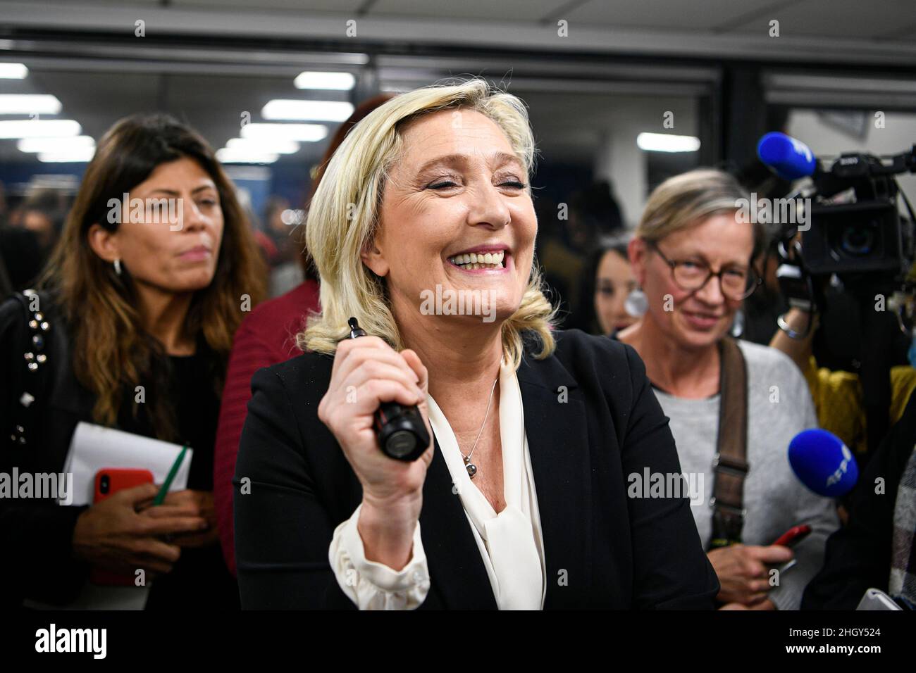 Marine Le Pen, candidate for 'le Rassemblement National' (RN) for the presidential election, here in her office in Paris, France on November 15, 2021. Stock Photo