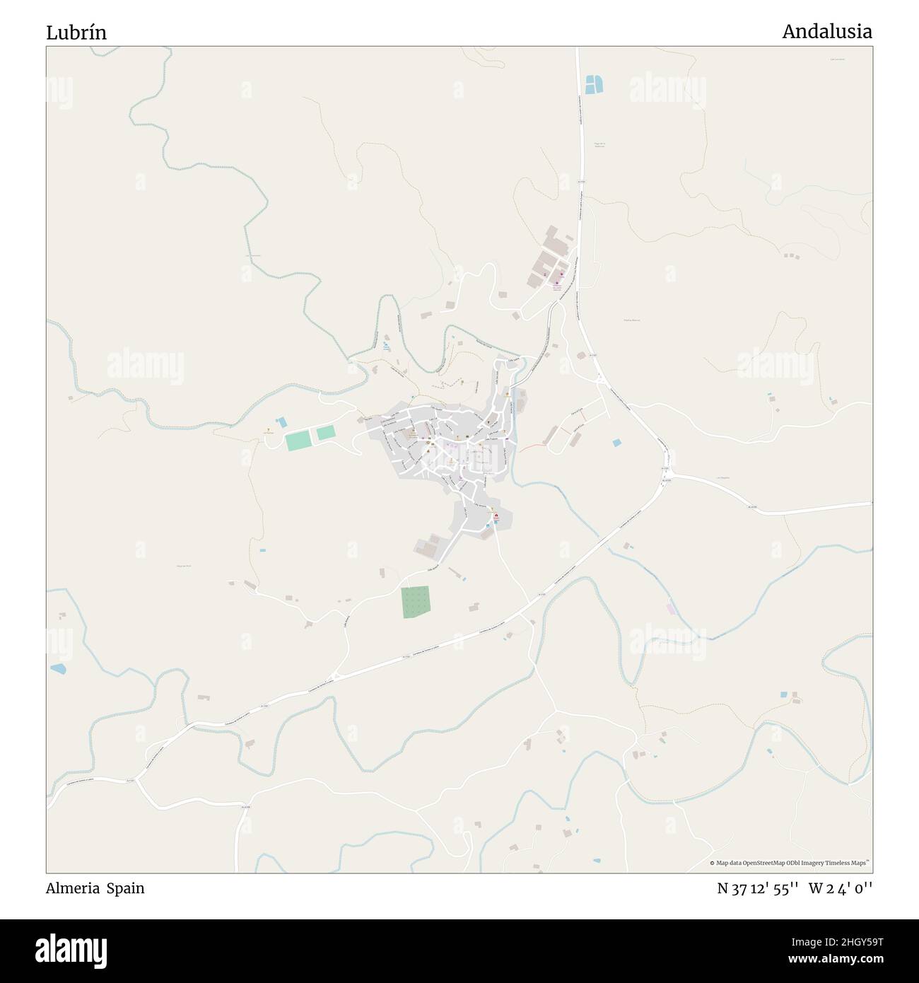 Lubrín, Almeria, Spain, Andalusia, N 37 12' 55'', W 2 4' 0'', map, Timeless Map published in 2021. Travelers, explorers and adventurers like Florence Nightingale, David Livingstone, Ernest Shackleton, Lewis and Clark and Sherlock Holmes relied on maps to plan travels to the world's most remote corners, Timeless Maps is mapping most locations on the globe, showing the achievement of great dreams Stock Photo